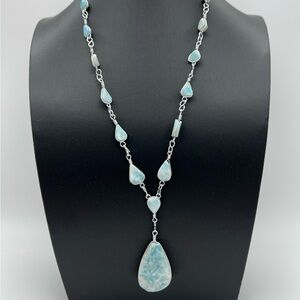 Authentic Larimar Teardrop Necklace • Silver Tone • Wire Wrapped